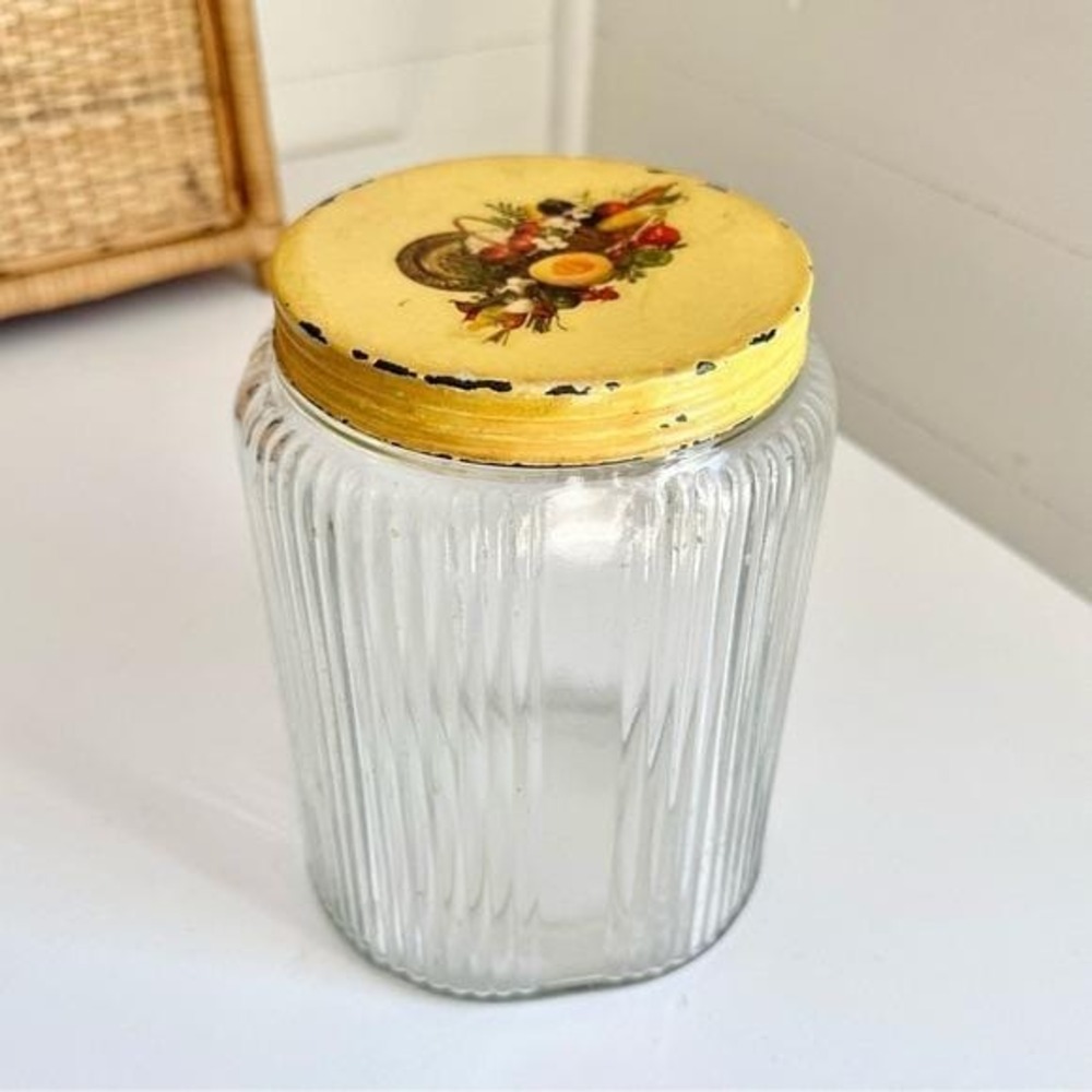 Antique Owens Illinois Ovid Ribbed Glass Canister with Yellow Floral Metal Lid
